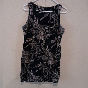 Vintage 90s Eva Blue Petite Size 12 Floral Black and White Sleeveless Dress